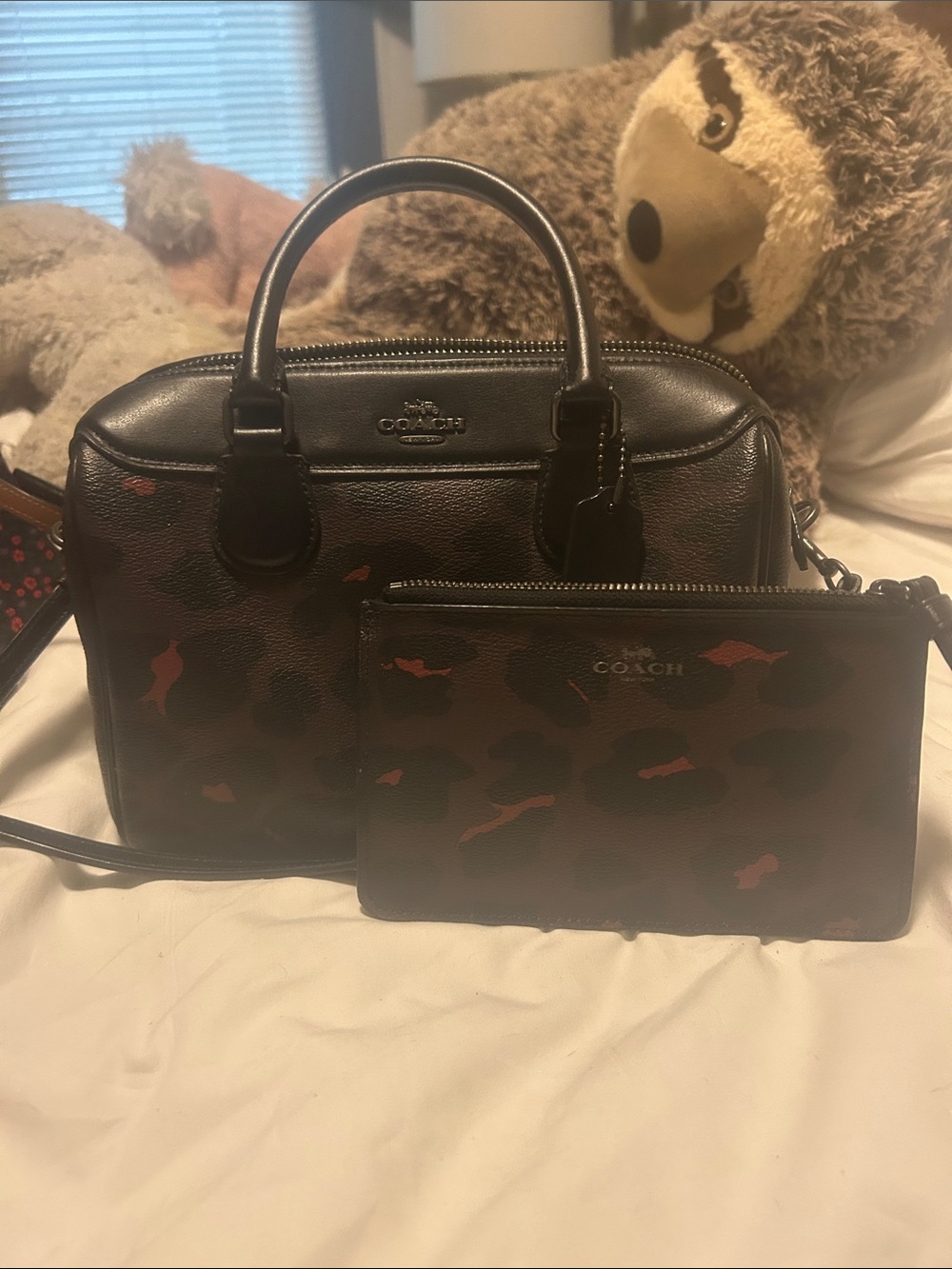 COACH Black Leather Satchel with Brown & Red Camo Accents